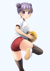 Rule 34 | 1girl, ass, ball, black thighhighs, blush, breasts, buruma, commentary request, double bun, feet out of frame, from behind, gym uniform, hair bun, highres, holding, holding ball, leg up, looking at viewer, looking back, medium breasts, open mouth, original, panties, panties under buruma, pantylines, purple eyes, purple hair, red buruma, shibacha, shirt, shoes, short hair, short sleeves, simple background, skindentation, solo, standing, standing on one leg, t-shirt, tareme, thighhighs, underwear, white footwear, white shirt