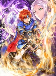 Rule 34 | 1boy, 1girl, black gloves, blue eyes, cape, closed mouth, company name, copyright name, fingerless gloves, fire emblem, fire emblem: the binding blade, fire emblem cipher, gloves, green eyes, heterochromia, holding, holding sword, holding weapon, idunn (fire emblem), long hair, nintendo, official art, open mouth, pointy ears, purple hair, red eyes, red hair, roy (fire emblem), short hair, sword, weapon, yamada koutarou