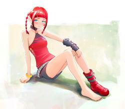 Rule 34 | 1girl, asukagawa chise, asymmetrical footwear, belt, black shorts, blue eyes, blunt bangs, blush, full body, gridman universe, hand on own knee, knees up, looking at viewer, mismatched footwear, o-ring, red footwear, red hair, red shirt, shirt, short shorts, short twintails, shorts, sidelocks, sitting, sleeveless, ssss.dynazenon, twintails, white background, wristband, yellow wristband, yugen99