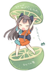 Rule 34 | 1girl, arms up, bad id, bad pixiv id, bare legs, barefoot, blush, brown hair, chibi, closed eyes, dot nose, facing viewer, food, fruit, harikamo, holding, in food, japanese clothes, kimono, lemon, long hair, mini person, minigirl, motion lines, official art, open mouth, sash, short kimono, short sleeves, simple background, solo, standing, sweat, tatsumi kon, translation request, urara meirochou, v-shaped eyebrows, white background