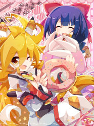 Rule 34 | 1boy, 1girl, ;d, bird, blonde hair, blue hair, blush, boots, doughnut, dress, drill hair, eating, closed eyes, fang, fingerless gloves, floral background, food, gloves, grey jacket, headgear, heart, heart background, highres, jacket, long hair, long sleeves, magical girl, magical star saki, one eye closed, open mouth, penguin, pink background, pink dress, polka dot, polka dot background, rento (rukeai), saikyou ginga ultimate zero ~battle spirits~, smile, sprinkles, striped, striped background, stuffed animal, stuffed toy, teddy bear, vertical stripes, white footwear, white gloves, yellow eyes, zero the glint