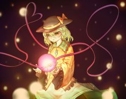 Rule 34 | 1girl, arms up, bad id, bad pixiv id, black background, blonde hair, brown hat, commentary, cowboy shot, expressionless, fireflies, floating, frilled sleeves, frills, glowing, green eyes, green skirt, hair between eyes, hat, hat ribbon, heart, heart of string, komeiji koishi, levitation, long sleeves, looking down, miwerjooggetser, open hands, ribbon, shirt, short hair, skirt, solo, standing, third eye, touhou, wide sleeves, wind, wind lift, yellow shirt