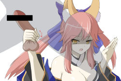 Rule 34 | 10s, 1girl, animal ear fluff, animal ears, bad id, bad pixiv id, bare shoulders, breasts, censored, cleavage, fang, fate/extra, fate (series), fox ears, hair ribbon, large breasts, long hair, open mouth, penis, pink hair, pointless censoring, ribbon, shiseki hirame, simple background, solo focus, tamamo (fate), tamamo no mae (fate/extra), testicles, twintails, white background, yellow eyes