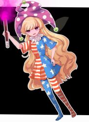 Rule 34 | 1girl, american flag dress, american flag pants, black background, blonde hair, border, clownpiece, commentary request, dress, fairy wings, fire, full body, hair between eyes, hand on own hip, hand up, hat, highres, holding, holding torch, jester cap, long hair, looking to the side, neck ruff, no shoes, open mouth, ououno, outside border, pants, pink eyes, polka dot, purple fire, purple hat, short sleeves, simple background, smile, solo, standing, star (symbol), star print, striped clothes, striped dress, striped pants, tongue, torch, touhou, transparent wings, white border, wings