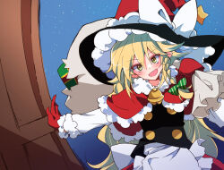 Rule 34 | 1girl, apron, black vest, blonde hair, bow, braid, buttons, capelet, christmas, commentary request, door, fur-trimmed capelet, fur trim, green bow, hair bow, hat, highres, holding, holding sack, ichimura kanata, kirisame marisa, long sleeves, mittens, puffy long sleeves, puffy sleeves, red capelet, sack, santa costume, santa hat, single braid, solo, touhou, vest, waist apron, white apron, witch hat, yellow eyes