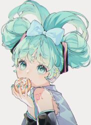 Rule 34 | 1girl, aqua eyes, aqua hair, aqua nails, aqua necktie, bare shoulders, blue bow, bow, cinnamiku, collared shirt, detached sleeves, double bun, eating, eyelashes, food, food on face, frills, grey shirt, hair bow, hair bun, hand up, hatsune miku, headphones, highres, holding, holding food, long hair, looking at viewer, looking to the side, mrfluffyspiky, nail polish, necktie, number tattoo, open mouth, shirt, shoulder tattoo, simple background, solo, tattoo, updo, upper body, vocaloid