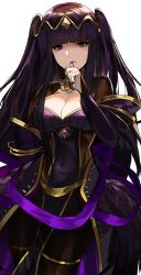 Rule 34 | 1girl, biting, black dress, black feathers, black hair, bodystocking, bow, breasts, cleavage, dress, feathers, finger biting, fire emblem, fire emblem awakening, fire emblem heroes, hair ornament, highres, jewelry, large breasts, long hair, looking at viewer, nail polish, nintendo, ormille, parted lips, purple bow, purple eyes, solo, standing, tharja (bridal) (fire emblem), tharja (fire emblem), wedding dress