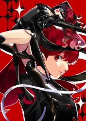 Rule 34 | 1girl, ass, black jacket, black thighhighs, bow, breasts, gloves, jacket, kiyomiya, leotard, long hair, looking at viewer, open mouth, persona, persona 5, persona 5 the royal, ponytail, red eyes, red gloves, red hair, school uniform, simple background, smile, solo, sword, thighhighs, weapon, yoshizawa kasumi