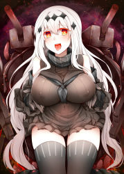 Rule 34 | 10s, 1girl, :d, abyssal ship, aircraft carrier water oni, bare shoulders, black dress, black gloves, black thighhighs, blush, breast hold, breasts, covered erect nipples, covered navel, dress, gloves, hair ornament, heart, heart-shaped pupils, highres, kantai collection, large breasts, long hair, open mouth, orange eyes, rui shi (rayze ray), sailor dress, saliva, short dress, sitting, smile, solo, striped, symbol-shaped pupils, thighhighs, tongue, tongue out, turret, very long hair, white hair, zettai ryouiki