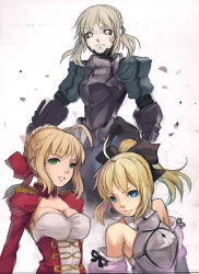 Rule 34 | 10s, 3girls, ahoge, armor, artoria pendragon (all), artoria pendragon (fate), bare shoulders, black sclera, blonde hair, blue eyes, bow, breasts, capcom, cleavage, colored sclera, fate/extra, fate/stay night, fate/unlimited codes, fate (series), fkey, gauntlets, green eyes, hair bow, highres, medium breasts, multiple girls, multiple persona, nero claudius (fate), nero claudius (fate), nero claudius (fate/extra), saber (fate), saber alter, saber lily, sketch, white background, yellow eyes
