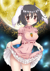 Rule 34 | 1girl, alternate breast size, animal ears, black hair, blush, breasts, carrot, carrot necklace, clothes lift, covered erect nipples, dress, dress lift, full moon, impossible clothes, impossible shirt, inaba tewi, jewelry, large breasts, licking lips, moon, necklace, pendant, pink dress, puffy short sleeves, puffy sleeves, rabbit ears, shirt, short sleeves, smile, solo, tongue, tongue out, touhou, unushi