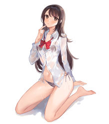 Rule 34 | 1girl, arm support, bare legs, barefoot, black bra, black panties, blush, bow, bowtie, bra, bra visible through clothes, breasts, brown eyes, brown hair, button gap, chinese commentary, closed mouth, collared shirt, dress shirt, finger to own chin, furrowed brow, lips, long hair, long sleeves, looking at viewer, medium breasts, midriff, navel, original, panties, partially unbuttoned, red bow, red bowtie, see-through, seiza, shirt, side-tie panties, simple background, sitting, solo, swept bangs, underwear, wet, wet clothes, wet shirt, white background, white shirt, wing collar, yayako (804907150)