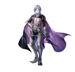 Rule 34 | 1boy, belt, black cape, cape, dagger, fire emblem, fire emblem: three houses, fire emblem heroes, hair over shoulder, hand on own hip, holding, holding dagger, holding knife, holding weapon, knife, leg armor, looking at viewer, male focus, matching hair/eyes, medium hair, nintendo, official art, purple cape, purple eyes, purple hair, smile, solo, standing, weapon, white background, yuri leclerc