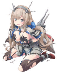 Rule 34 | 1girl, between breasts, black gloves, blonde hair, blue bow, blue capelet, blue eyes, blue necktie, blush, bow, breasts, capelet, covering privates, covering breasts, damaged, dress, garter straps, gloves, grey capelet, grey dress, headgear, high heels, highres, kantai collection, large breasts, long hair, looking at viewer, low twintails, maryland (kancolle), multicolored capelet, necktie, necktie between breasts, open mouth, pleated dress, radar, radio antenna, rigging, rudder footwear, sakana (flame sakana), shirt, sitting, sleeveless, smokestack, solo, strapless, strapless dress, thighhighs, torn clothes, torn thighhighs, twintails, wariza, white shirt