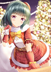 Rule 34 | &gt;:), 1girl, aihara tsubaki, blush, bow, breasts, christmas, christmas lights, christmas ornaments, christmas tree, closed mouth, commentary request, dress, elbow gloves, fur-trimmed skirt, fur trim, gloves, green hair, highres, holding, holding sack, ongeki, plaid, plaid headwear, plaid skirt, puffy short sleeves, puffy sleeves, purple eyes, red gloves, red headwear, red skirt, red vest, sack, santa costume, santa dress, shirt, short sleeves, skirt, small breasts, smile, solo, star (symbol), tilted headwear, v-shaped eyebrows, vest, white shirt, xenon (for achieve), yellow bow