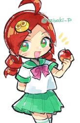 Rule 34 | 1girl, ahoge, alternate costume, andou ringo, apple, arm behind back, bow, commentary, doradorakingyo, drill hair, food, fruit, green eyes, green sailor collar, holding, holding food, holding fruit, looking at viewer, name connection, object namesake, open mouth, pink bow, puyo (puyopuyo), puyopuyo, puyopuyo 7, red apple, red hair, sailor collar, shirt, simple background, solo, symbol-only commentary, thighhighs, twin drills, twitter username, white background, white shirt, white thighhighs