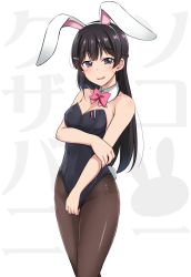Rule 34 | 1girl, animal ears, black eyes, black hair, black leotard, black pantyhose, bow, bowtie, character name, commentary request, cowboy shot, detached collar, fake animal ears, hoshino ouka, kanji, leotard, long hair, looking at viewer, nijisanji, open mouth, pantyhose, pink bow, pink bowtie, playboy bunny, rabbit ears, rabbit tail, solo, standing, strapless, strapless leotard, tail, tongue, tsukino mito, virtual youtuber