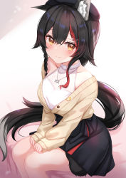 Rule 34 | 1girl, animal ear fluff, animal ears, bed sheet, beret, black hair, black hat, black skirt, blush, braid, breasts, brown eyes, cardigan, closed mouth, commentary request, feet out of frame, hair ornament, hands on own thighs, hat, highres, hololive, jewelry, large breasts, long hair, long sleeves, looking at viewer, multicolored hair, necklace, off shoulder, ookami mio, ookami mio (street), open cardigan, open clothes, red hair, shirt, sitting, skirt, sleeveless, sleeveless shirt, sleeves past wrists, smile, solo, streaked hair, tail, virtual youtuber, white background, white shirt, wolf ears, wolf girl, wolf tail, x hair ornament, yellow cardigan, yuano