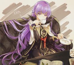 Rule 34 | 1girl, absurdly long hair, absurdres, belt, black feathers, book, braid, commission, commissioner upload, covered mouth, cup, dress, drinking, feathers, fire emblem, fire emblem: the binding blade, fire emblem heroes, french braid, highres, hisona (suaritesumi), huge filesize, long hair, long sleeves, nintendo, open book, purple eyes, purple hair, skin tight, solo, sophia (fire emblem), sugar cube, tea, teacup, very long hair