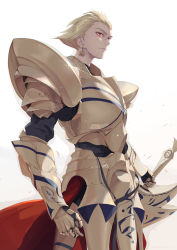 Rule 34 | 1boy, armor, blonde hair, breasts, closed mouth, earrings, fate/grand order, fate (series), gauntlets, gilgamesh (fate), glint, gold armor, hair slicked back, highres, holding, holding weapon, jewelry, kodamazon, male focus, pauldrons, red eyes, reverse grip, shoulder armor, single earring, solo, vambraces, weapon