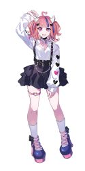 Rule 34 | 1girl, ahoge, belt, black belt, black skirt, blouse, blue hair, bow, breasts, cleavage, cleavage cutout, clothing cutout, heart, heart ahoge, heart hair, horns, ironmouse, long sleeves, looking at viewer, multicolored hair, nail polish, official art, pink bow, pink hair, pink nails, platform footwear, platform heels, puppeteer7777, shirt, skirt, solo, straight-on, streaked hair, suspender skirt, suspenders, thigh strap, tongue, tongue out, transparent background, twintails, virtual youtuber, vshojo, white shirt