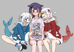 Rule 34 | 3girls, puff of air, aoi (aoisaka), bare legs, bento, blue eyes, blue hair, blush, butterfly sitting, commentary, dark persona, drawstring, dual persona, english commentary, fins, fish tail, food, food art, gawr gura, gawr gura (1st costume), girl sandwich, grey background, hololive, hololive english, hood, hood down, long hair, long sleeves, multicolored hair, multiple girls, ninomae ina&#039;nis (loungewear), no pants, open mouth, purple hair, red eyes, red hair, reflect (gawr gura), sandwiched, shark tail, sharp teeth, shirt, simple background, sitting, streaked hair, t-shirt, tail, tako-san wiener, teeth, two side up, virtual youtuber, white hair, white shirt, wide sleeves