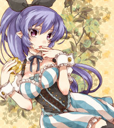 Rule 34 | 1girl, breasts, cleavage, corset, food, hair ribbon, ice cream, irouha, licking, licking finger, long hair, looking at viewer, original, pointy ears, ponytail, purple eyes, purple hair, ribbon, solo, thighhighs, tongue, wrist cuffs