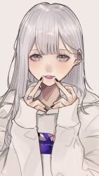 Rule 34 | 1girl, bad id, bad pixiv id, black nails, close-up, double middle finger, earrings, highres, hood, hoodie, jewelry, light smile, looking at viewer, mano aaa, middle finger, nail polish, original, piercing, pink background, simple background, solo, white eyes, white hair, white hoodie