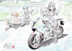 Rule 34 | 3girls, :d, artist logo, artist name, azumi (girls und panzer), black bodysuit, black hair, blue eyes, bmw, bodysuit, bodysuit pull, breasts, brown hair, can, chain-link fence, character doll, cleavage, closed mouth, colored pencil (medium), dated, day, doll, drink can, emblem, facing away, fence, frown, girls und panzer, glasses, gloves, grey eyes, grey hair, hand on own knee, helmet, highres, holding, holding can, holding clothes, holding doll, holding gloves, kneeling, kubota shinji, long hair, long sleeves, medium hair, megumi (girls und panzer), motor vehicle, motorcycle, motorcycle helmet, multiple girls, navel, open mouth, outdoors, round eyewear, rumi (girls und panzer), selection university (emblem), shadow, shimada arisu, short hair, signature, sitting, smile, soda can, sports bra, standing, stream, tearing up, traditional media, unworn gloves, waving, yellow sports bra