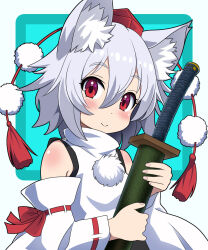Rule 34 | 1girl, animal ear fluff, bare shoulders, blue background, closed mouth, detached sleeves, hat, highres, holding, holding sword, holding weapon, inubashiri momiji, katana, kisaragi koushi, looking at viewer, pom pom (clothes), red eyes, sheath, sheathed, shirt, short hair, smile, solo, sword, tokin hat, touhou, two-tone background, upper body, weapon, white background, white hair, white shirt, white sleeves