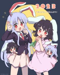 Rule 34 | 2023, 2girls, animal ears, black hair, black jacket, blazer, breasts, carrot, chibi, commentary, cowboy shot, dress, eating, flat chest, floppy ears, food, happy, highres, holding, holding food, holding vegetable, inaba tewi, jacket, light purple hair, long hair, medium breasts, medium hair, moon, multiple girls, necktie, new year, open mouth, pink dress, pleated skirt, rabbit ears, ramudia (lamyun), red eyes, red necktie, reisen udongein inaba, shirt, skirt, star (symbol), touhou, translated, vegetable, very long hair, white shirt