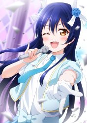 Rule 34 | 1girl, absurdres, blue hair, blue necktie, confetti, flower, gloves, hair flower, hair ornament, haruharo (haruharo 7315), highres, holding, holding microphone, idol, long hair, looking at viewer, love live!, love live! school idol project, microphone, music, necktie, one eye closed, open mouth, outstretched arm, pinky out, pointing, pointing at viewer, ribbon, singing, single glove, smile, solo, sonoda umi, swept bangs, white gloves, yellow eyes