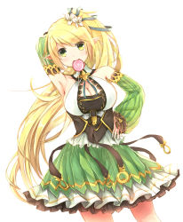 Rule 34 | 1girl, arm up, armpits, blonde hair, breasts, candy, cleavage, corset, detached sleeves, elsword, flower, food, food in mouth, frills, green eyes, green skirt, hair flower, hair ornament, hair ribbon, hand on own hip, highres, large breasts, lily (flower), lollipop, long hair, luoz, mouth hold, pointy ears, ponytail, rena erindel, ribbon, skirt, smile, solo, swirl lollipop, white background, wind sneaker (elsword)