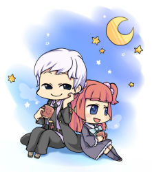 Rule 34 | 2girls, age difference, belt, blue eyes, bow, bowtie, brown eyes, buckle, chibi, crescent moon, cross, cup, dress, formal, frills, hair bobbles, hair ornament, moon, mother and daughter, multiple girls, necktie, night, open mouth, pant suit, pants, red hair, shiguya, short hair, short twintails, silver hair, sitting, smile, star (sky), steam, suit, twintails, umineko no naku koro ni, ushiromiya ange, ushiromiya kyrie