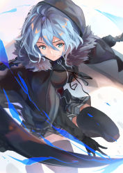 Rule 34 | 1girl, black gloves, black ribbon, black thighhighs, blue hair, breasts, cape, closed mouth, faicha, fate/grand order, fate (series), fur-trimmed cape, fur trim, gloves, gray (fate), green eyes, hair between eyes, highres, holding, holding scythe, holding weapon, hood, hooded cape, large breasts, lord el-melloi ii case files, miniskirt, pleated skirt, ribbon, scythe, skirt, solo, thighhighs, weapon