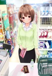 Rule 34 | ..., 1girl, ahoge, black skirt, blush, bob cut, brown hair, buttons, buying condoms, cardigan, collared shirt, commentary request, condom, condom box, convenience store, cowboy shot, embarrassed, ex idol, green cardigan, harusaki nodoka, highres, holding, holding wallet, hololive, looking at viewer, office lady, okamoto condoms, parted hair, pencil skirt, red eyes, rubber day, shirt, shop, short hair, skirt, solo, spoken ellipsis, virtual youtuber, wallet, white shirt