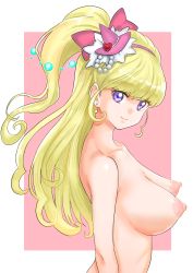 Rule 34 | 1girl, absurdres, asahina mirai, blonde hair, breasts, cleavage, cure miracle, earrings, hat, highres, jewelry, kuppipi ramutarou, large breasts, long hair, looking at viewer, mahou girls precure!, nipples, nude, perky breasts, precure, puffy nipples, purple eyes, side ponytail, smile, solo, upper body