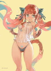 Rule 34 | 1girl, animal ears, black panties, blue eyes, blue hair, blue nails, blue tattoo, blush, bow, breasts, cameltoe, drill hair, fake animal ears, flower, gluteal fold, hair bow, hair flower, hair ornament, heart, heart tattoo, iroikkai, jewelry, long hair, medium breasts, monochrome background, nail polish, necklace, nipples, open mouth, original, panties, pink hair, pubic tattoo, red eyes, see-through, simple background, solo, standing, tail, tattoo, twin drills, twintails, underwear, yellow background