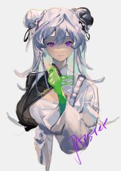 Rule 34 | 1girl, absurdres, arknights, artist name, bun cover, chouchouhei, cropped torso, double bun, feather hair, gloves, green gloves, grey background, grey hair, hair bun, hand up, highres, long hair, long sleeves, looking at viewer, mulberry (arknights), mulberry (plant crude drug) (arknights), official alternate costume, purple eyes, shirt, simple background, solo, white shirt