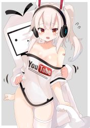 Rule 34 | 1boy, 1girl, ayanami (azur lane), ayanami (niconico) (azur lane), azur lane, bad id, bad twitter id, bandaid, bandaid on face, blush, collarbone, commentary request, headphones, highres, horns, mechanical horns, no bra, no panties, open mouth, pillow, ponytail, red eyes, simple background, single thighhigh, te toga, thighhighs, undressing, white hair, white thighhighs, youtube