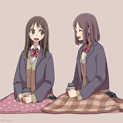 Rule 34 | 2girls, ^ ^, artist name, blanket, bow, bowtie, brown background, brown hair, brown sweater, closed eyes, coffee cup, covering with blanket, cup, disposable cup, full body, grey jacket, holding, holding cup, jacket, looking at another, medium hair, multiple girls, open clothes, open jacket, open mouth, original, plaid, plaid skirt, red bow, red bowtie, school uniform, shapoco, shirt, short hair, simple background, sitting, skirt, smile, sweater, teeth, uniform, upper teeth only, white shirt