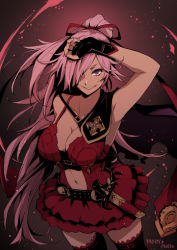 Rule 34 | 1girl, belt, black gloves, breasts, buckle, cape, cinderella (sinoalice), cleavage, clothing cutout, dark skin, dark-skinned female, dress, dutch angle, fingerless gloves, gloves, grin, hair over one eye, hair ribbon, holstered, large breasts, long hair, looking at viewer, mibry (phrysm), navel, navel cutout, pink hair, ponytail, purple eyes, ribbon, sinoalice, smile, solo, teeth, thighhighs, torn cape, torn clothes, weapon, zettai ryouiki