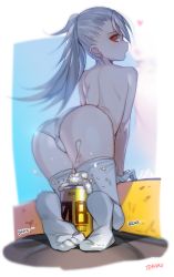 Rule 34 | 1girl, arched back, ass, bad id, bad pixiv id, beer can, blurry, can, closers, depth of field, drink can, from behind, gloves, heart, highres, kneeling, long hair, looking at viewer, looking back, open mouth, panties, ponytail, profile, red eyes, sexually suggestive, shoulder blades, silver hair, solo focus, thighhighs, tina (closers), topless, trefoil, tteggar, underwear, underwear only, white gloves, white panties, white thighhighs