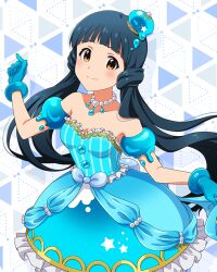 Rule 34 | 1girl, blue dress, blue gloves, blue hair, brown eyes, card (medium), crown, dress, frills, gloves, idolmaster, idolmaster million live!, idolmaster million live! theater days, kitakami reika, low twintails, mini crown, official art, solo, twintails