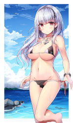 Rule 34 | 1girl, absurdres, aircraft, airplane, anchor, azur lane, bare arms, bare legs, bare shoulders, barefoot, bikini, black hairband, blue sky, blunt bangs, blush, border, bracelet, breasts, choker, closed mouth, cloud, contrail, day, dido (azur lane), groin, hairband, highres, jewelry, large breasts, leg up, long hair, looking at viewer, micro bikini, navel, ocean, outdoors, outside border, purple eyes, red ribbon, ribbon, rock, side-tie bikini bottom, silver hair, sky, sob (submar1089), solo, standing, standing on one leg, stomach, strap gap, swimsuit, twitter username, two-tone bikini, underboob, water, white border, white choker