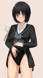 Rule 34 | 1girl, amagami, black hair, black jacket, black one-piece swimsuit, black sailor collar, black skirt, blazer, bob cut, brown background, brown eyes, clothes lift, collared shirt, competition swimsuit, cowboy shot, grey sweater vest, highres, jacket, kibito high school uniform, lifting own clothes, nanasaki ai, nervous smile, one-piece swimsuit, open clothes, open jacket, pleated skirt, sailor collar, school uniform, shirt, short hair, signature, simple background, skirt, skirt lift, smile, solo, sweater vest, swimsuit, swimsuit under clothes, twitter username, two-tone swimsuit, white shirt, yoo tenchi