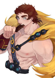 Rule 34 | 1boy, abs, bara, brown hair, candy, cape, chocolate, chocolate bar, cropped torso, eating, fate/grand order, fate (series), food, highres, holding, holding food, large pectorals, looking at viewer, male focus, medium hair, muscular, muscular male, nipples, pectorals, simple background, smile, solo, spina00se, super orion (fate), thick eyebrows, topless male, upper body, white background, yellow cape