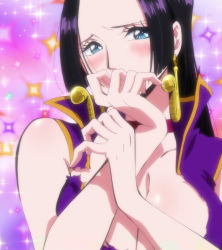 Rule 34 | 1girl, black hair, blue eyes, blush, boa hancock, breasts, cleavage, earrings, female focus, gradient background, highres, jewelry, large breasts, long hair, one piece, screencap, solo, stitched, third-party edit