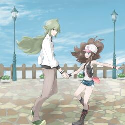 Rule 34 | 1boy, 1girl, baseball cap, black vest, boots, brown hair, brown pants, cloud, collared shirt, commentary request, creatures (company), day, fence, game freak, green footwear, green hair, hat, highres, hilda (pokemon), holding hands, lamppost, long hair, n (pokemon), nintendo, open mouth, outdoors, pants, pokemon, pokemon bw, ponytail, shirt, shoes, shorts, sidelocks, sky, smile, snow (ffgf7255), standing, twitter username, undershirt, vest, watermark, white headwear, white shirt, wristband