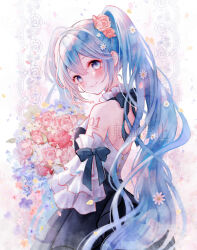 Rule 34 | 1girl, aqua eyes, aqua hair, artist name, backless dress, backless outfit, bare shoulders, black dress, blush, bouquet, closed mouth, collar, commentary, commentary request, detached sleeves, dress, flower, frilled sleeves, frills, from behind, ginniroya, hair flower, hair ornament, hatsune miku, highres, holding, holding bouquet, holding flower, long hair, long sleeves, looking at viewer, number tattoo, sleeveless, sleeveless dress, smile, solo, tattoo, twintails, upper body, vocaloid, wide sleeves